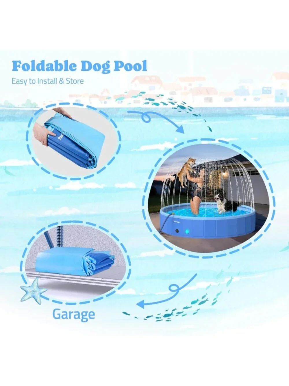 72” Foldable Dog Pool with Sprinkler & LED Light - Portable Pet Bathing Tub for